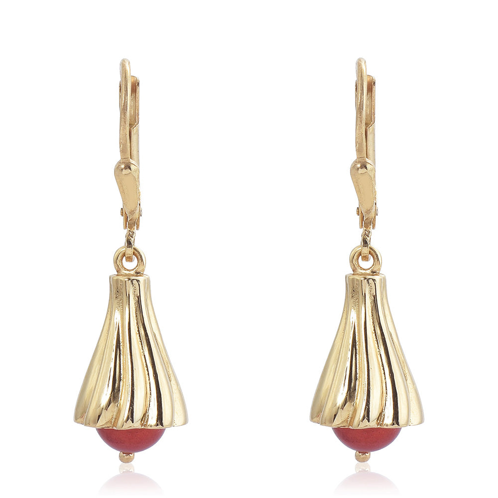 Pozlacené Stříbrné Náušnice s Červená sladkovodní Perlou