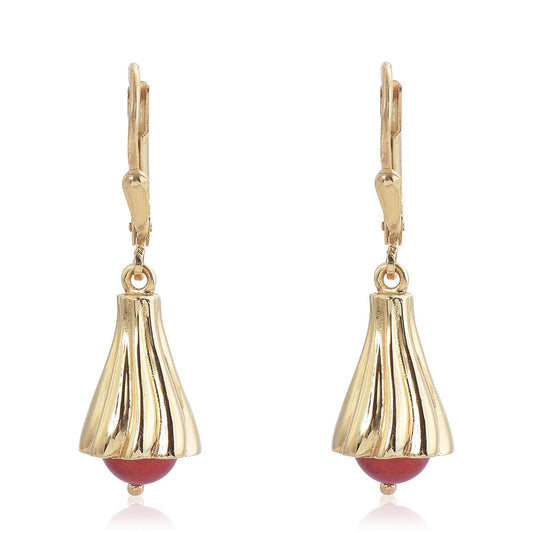 Pozlacené Stříbrné Náušnice s Červená sladkovodní Perlou