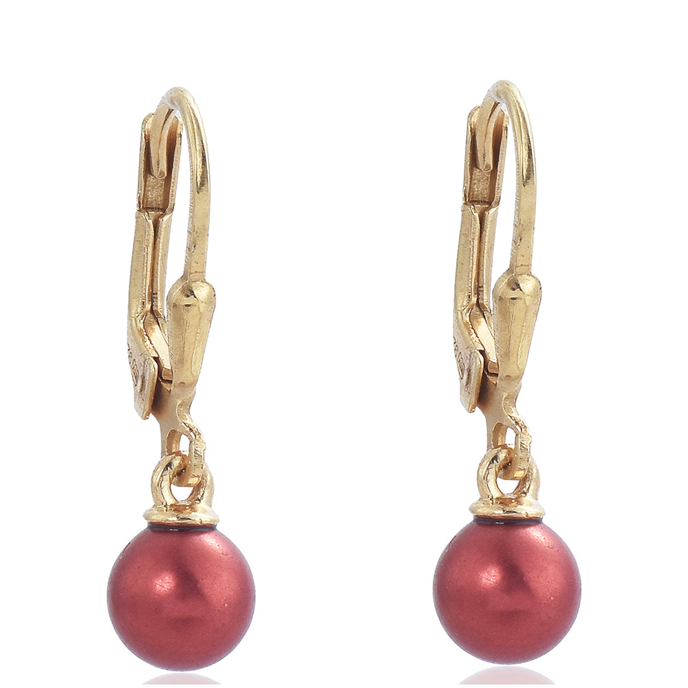 Pozlacené Stříbrné Náušnice s Červená sladkovodní Perlou 2 
