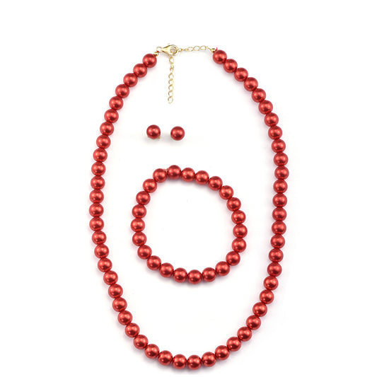 Pozlacená Stříbrná Sada s Červená sladkovodní Perlou ( Náhrdelník+Náušnice+Náramek )