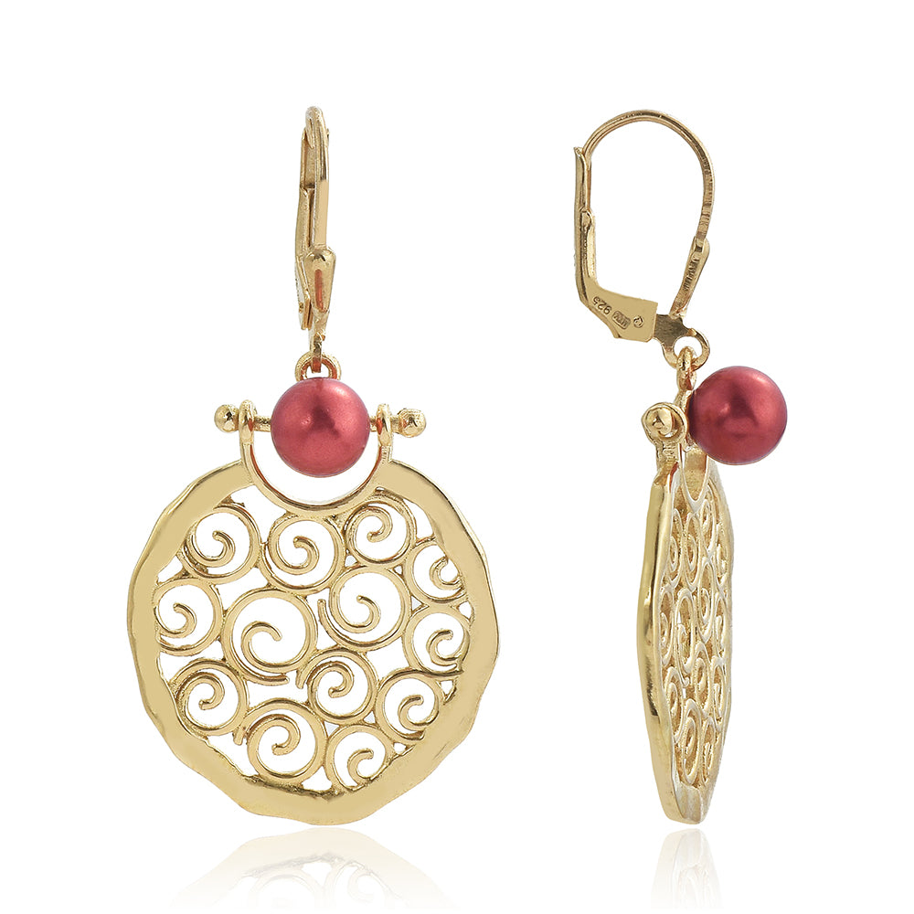 Pozlacené Stříbrné Náušnice s Červená sladkovodní Perlou
