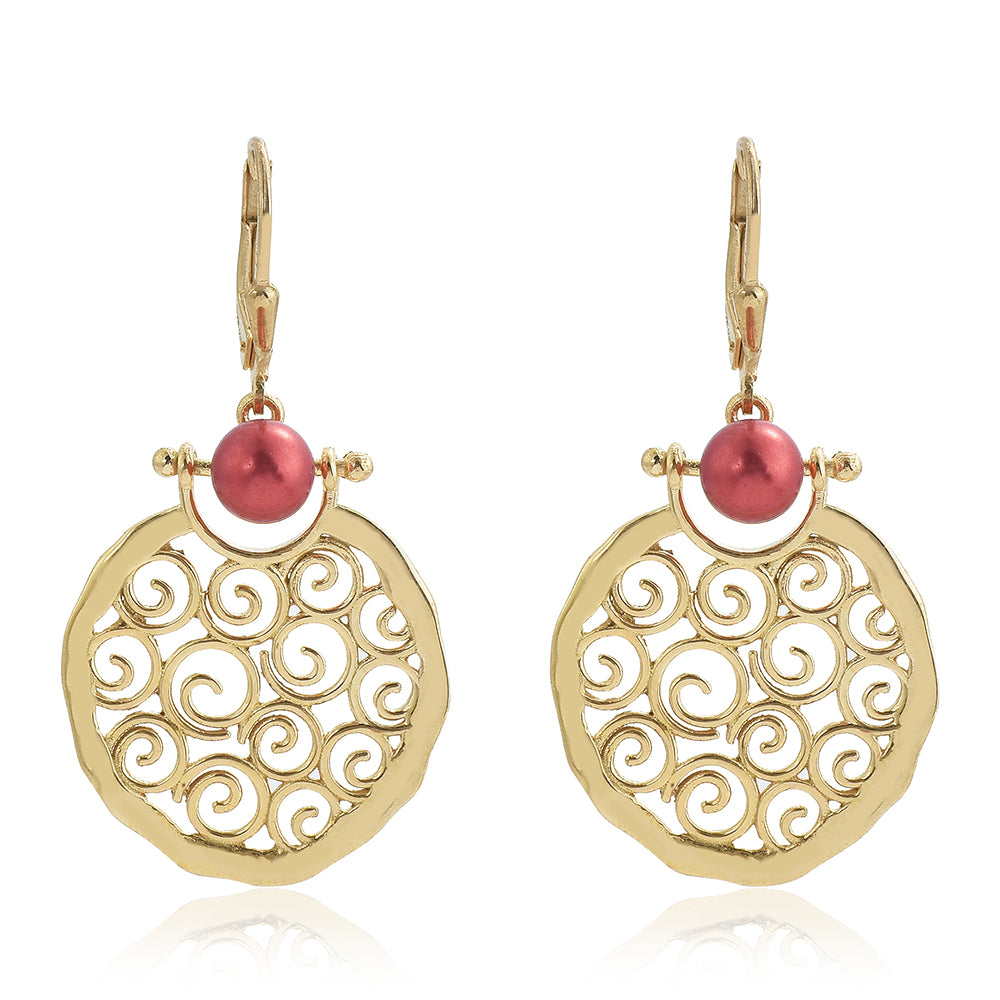 Pozlacené Stříbrné Náušnice s Červená sladkovodní Perlou 2 