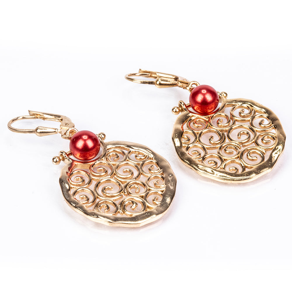 Pozlacené Stříbrné Náušnice s Červená sladkovodní Perlou 3 