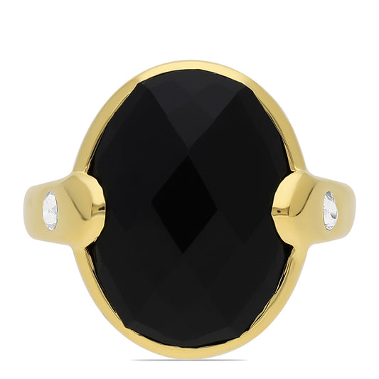 Pozlacený Stříbrný Prsten s Černým Onyxem a Bílým Topazem