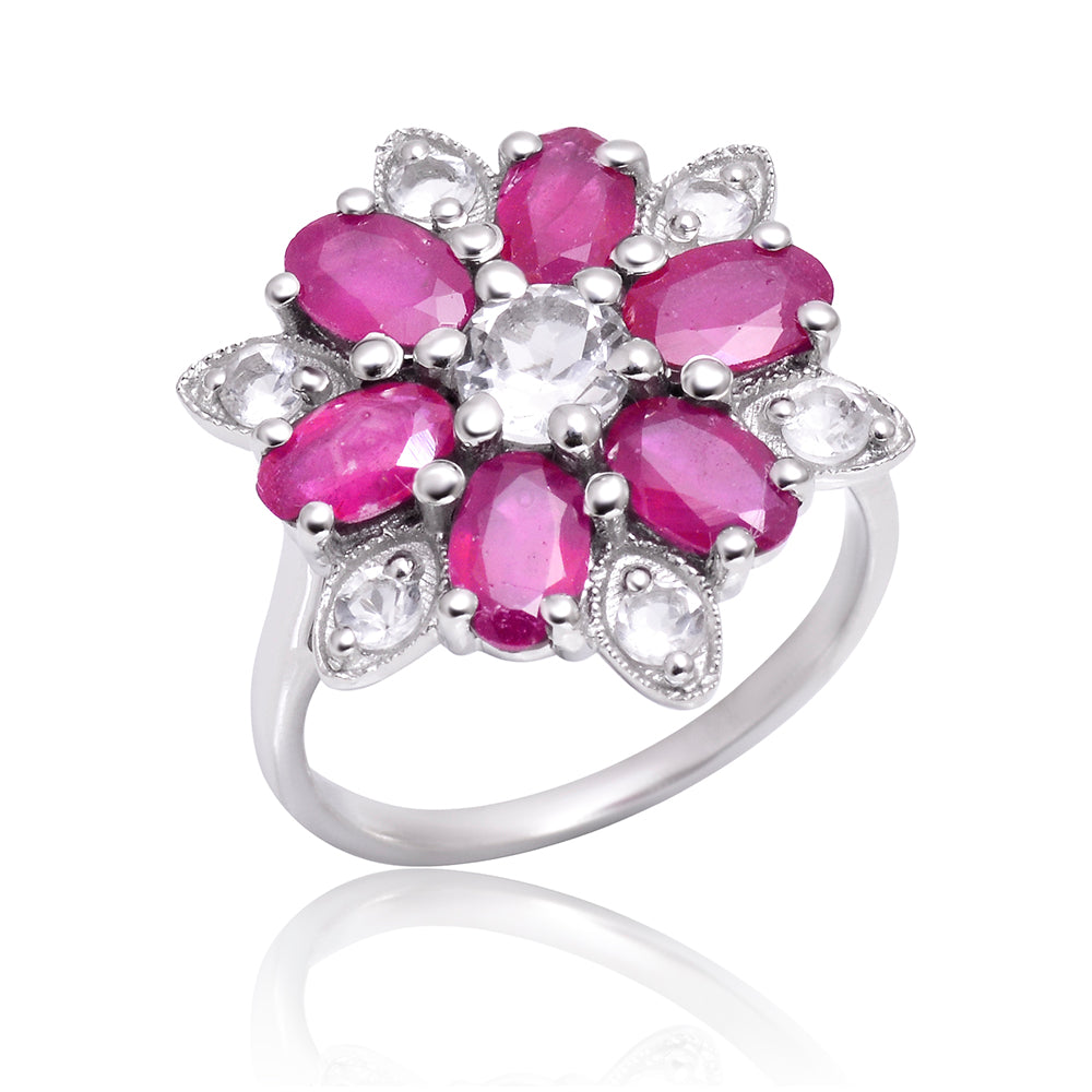 Stříbro 925/1000 - Prsten s Madagaskarským Rubínem a Bílým Topazem - Karátové číslo: 4.19. přibližná hmotnost: 4.57 gramů 2 