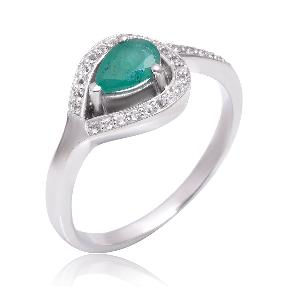 Stříbro 925/1000 - Prsten s Brazilským Smaragdem a Bílým Topazem - Karátové číslo: 0.7. přibližná hmotnost: 3.42 gramů