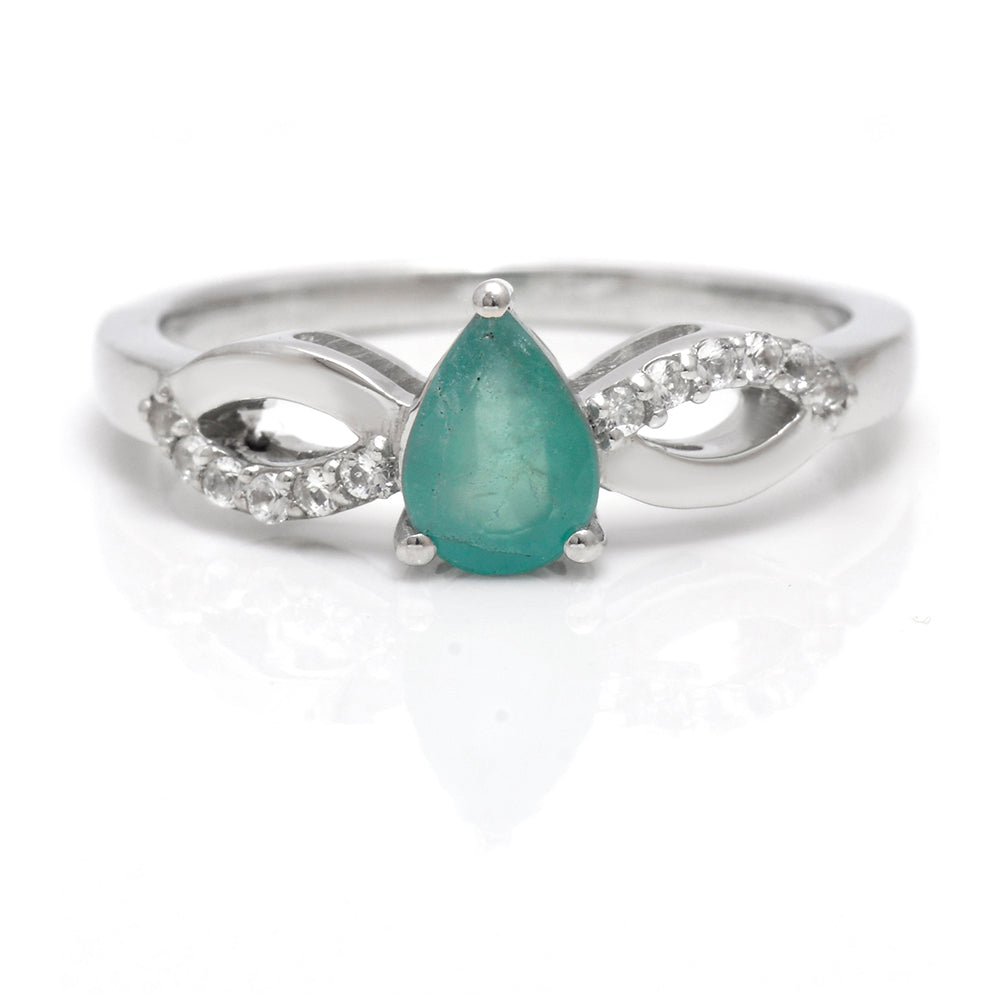 Stříbro 925/1000 - Prsten s Brazilským Smaragdem a Bílým Topazem - Karátové číslo: 0.65. přibližná hmotnost: 2.59 gramů