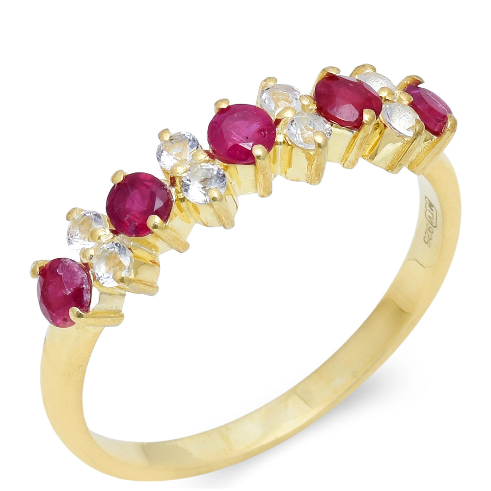 Pozlacené Stříbro 925/1000 - Prsten s Madagaskarským Rubínem a Bílým Topazem - Karátové číslo: 0.9. přibližná hmotnost: 2.38 gramů 1 