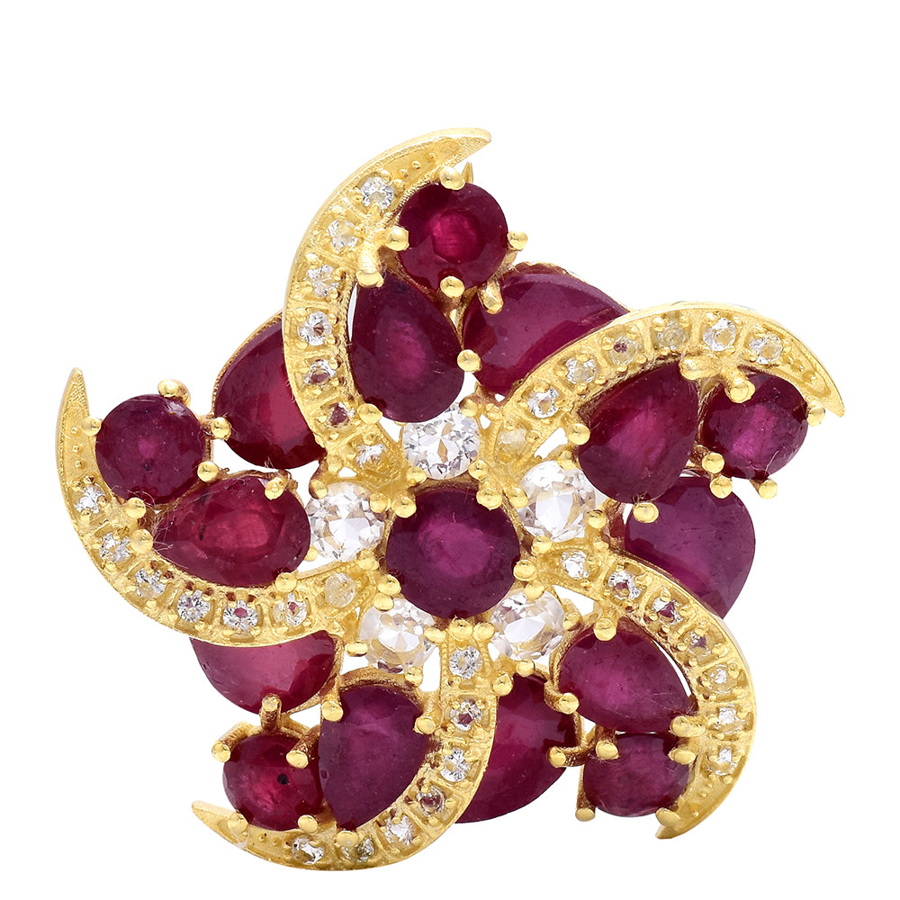 Pozlacené Stříbro 925/1000 - Brož s Madagaskarským Rubínem a Bílým Topazem - Karátové číslo: 7.47. přibližná hmotnost: 6.88 gramů 1 