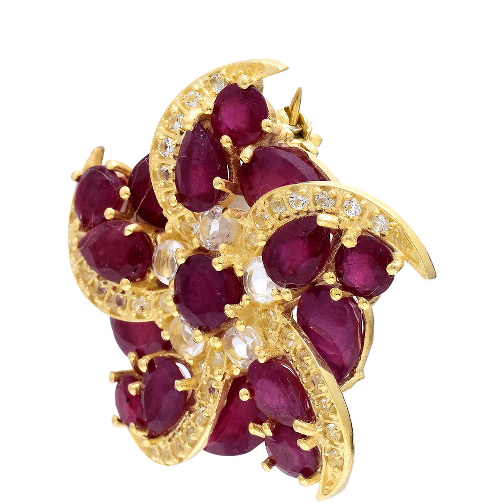 Pozlacené Stříbro 925/1000 - Brož s Madagaskarským Rubínem a Bílým Topazem - Karátové číslo: 7.47. přibližná hmotnost: 6.88 gramů 2 