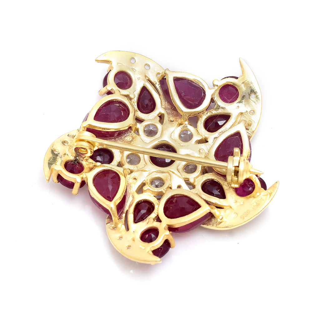 Pozlacené Stříbro 925/1000 - Brož s Madagaskarským Rubínem a Bílým Topazem - Karátové číslo: 7.47. přibližná hmotnost: 6.88 gramů 4 