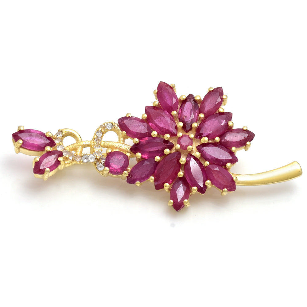 Pozlacené Stříbro 925/1000 - Brož s Madagaskarským Rubínem a Bílým Topazem - Karátové číslo: 2.42. přibližná hmotnost: 4.67 gramů 1 