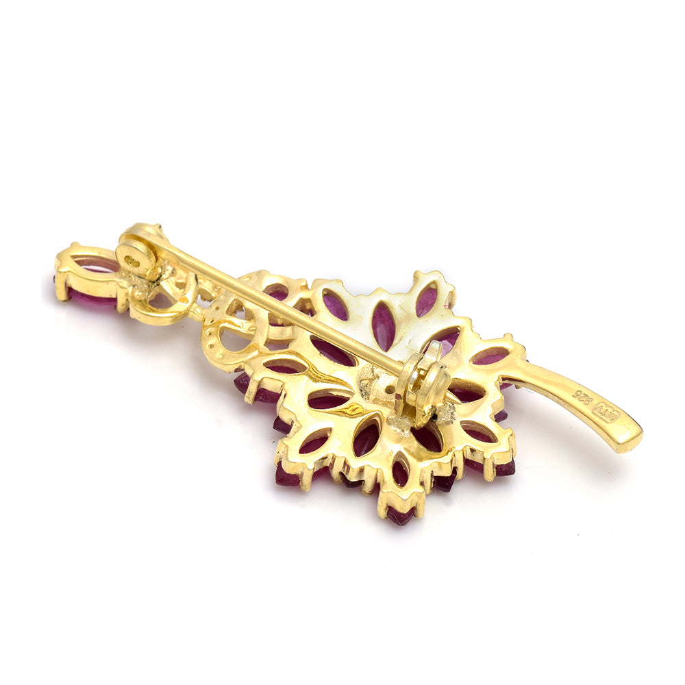 Pozlacené Stříbro 925/1000 - Brož s Madagaskarským Rubínem a Bílým Topazem - Karátové číslo: 2.42. přibližná hmotnost: 4.67 gramů 2 