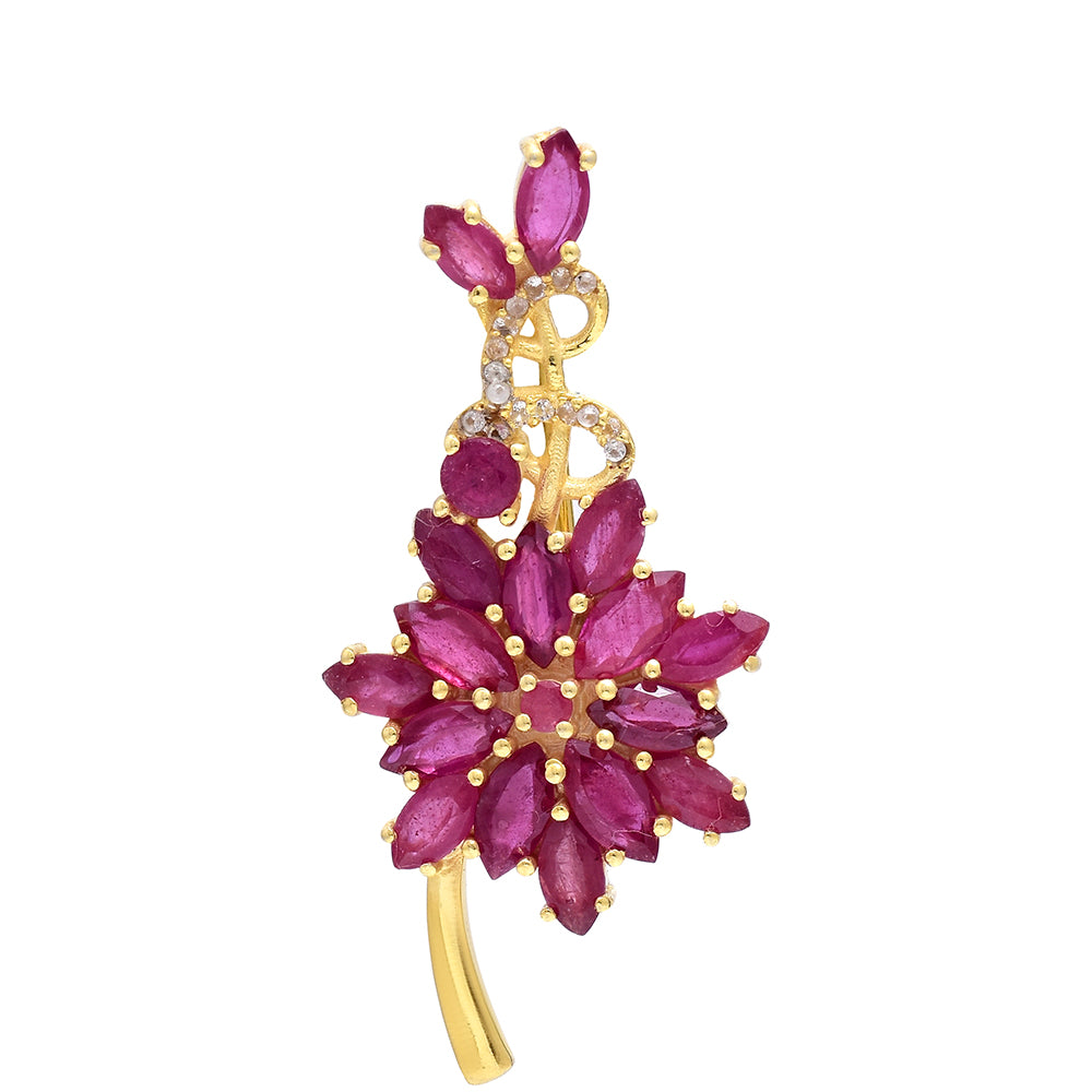 Pozlacené Stříbro 925/1000 - Brož s Madagaskarským Rubínem a Bílým Topazem - Karátové číslo: 2.42. přibližná hmotnost: 4.67 gramů 4 