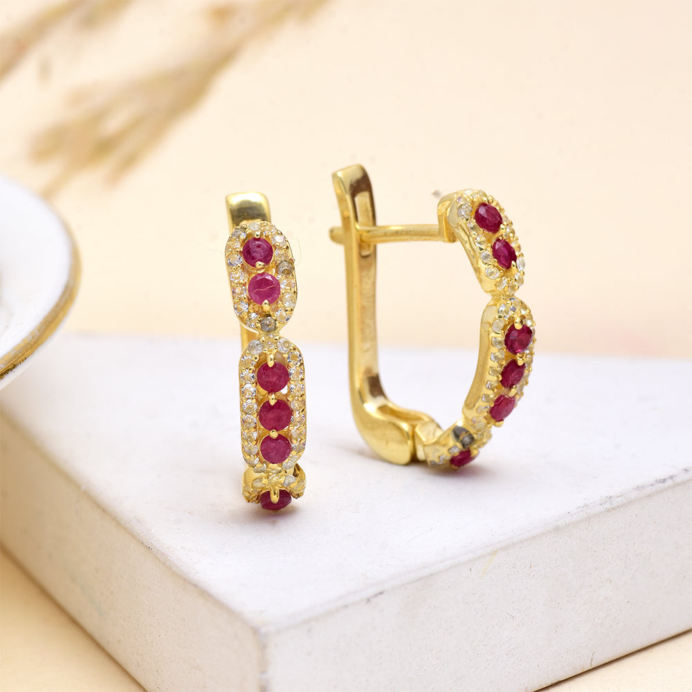 Pozlacené Stříbro 925/1000 - Náušnice s Madagaskarským Rubínem a Bílým Topazem - Karátové číslo: 0.01. přibližná hmotnost: 4.58 gramů 6 