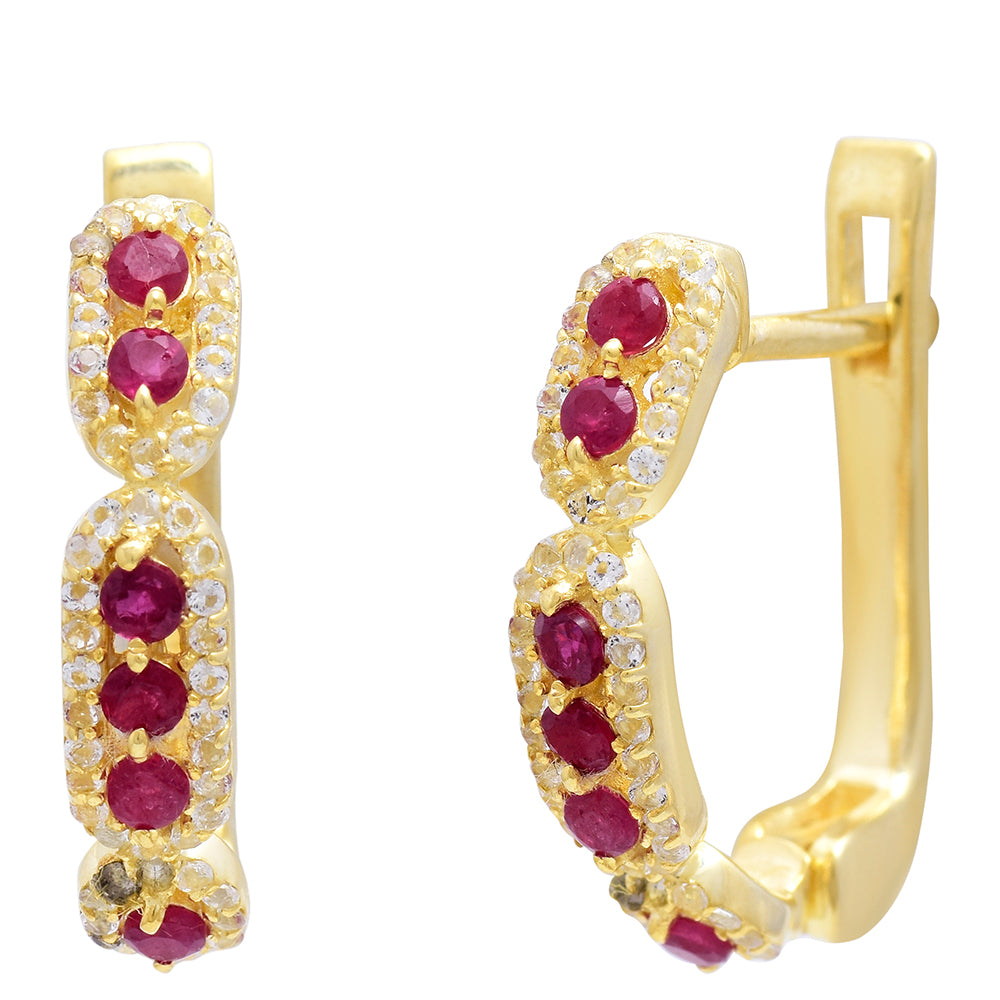 Pozlacené Stříbro 925/1000 - Náušnice s Madagaskarským Rubínem a Bílým Topazem - Karátové číslo: 0.01. přibližná hmotnost: 4.58 gramů 4 