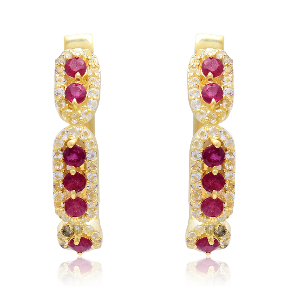 Pozlacené Stříbro 925/1000 - Náušnice s Madagaskarským Rubínem a Bílým Topazem - Karátové číslo: 0.01. přibližná hmotnost: 4.58 gramů 1 