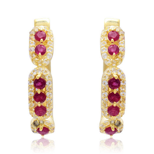 Pozlacené Stříbro 925/1000 - Náušnice s Madagaskarským Rubínem a Bílým Topazem - Karátové číslo: 0.01. přibližná hmotnost: 4.58 gramů