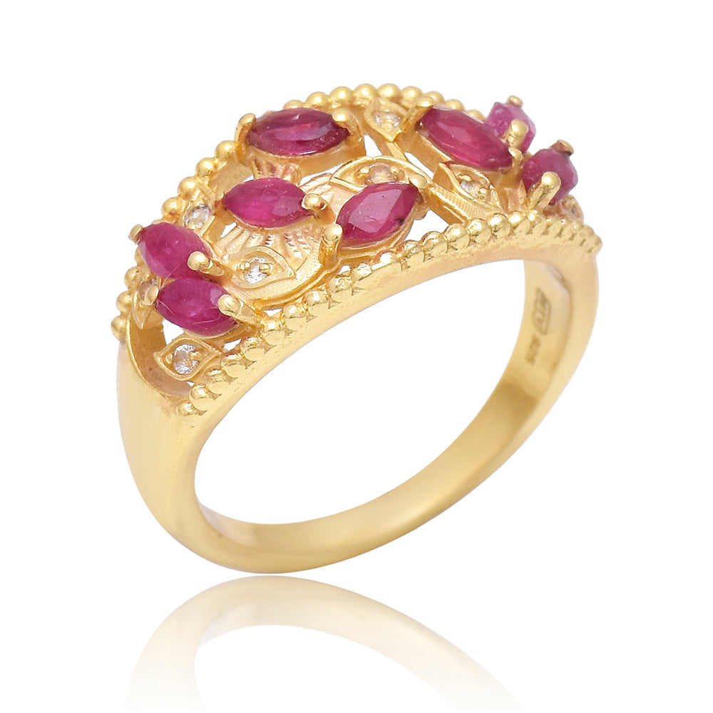 Pozlacené Stříbro 925/1000 - Prsten s Madagaskarským Rubínem a Bílým Topazem - Karátové číslo: 0.87. přibližná hmotnost: 4.24 gramů 1 