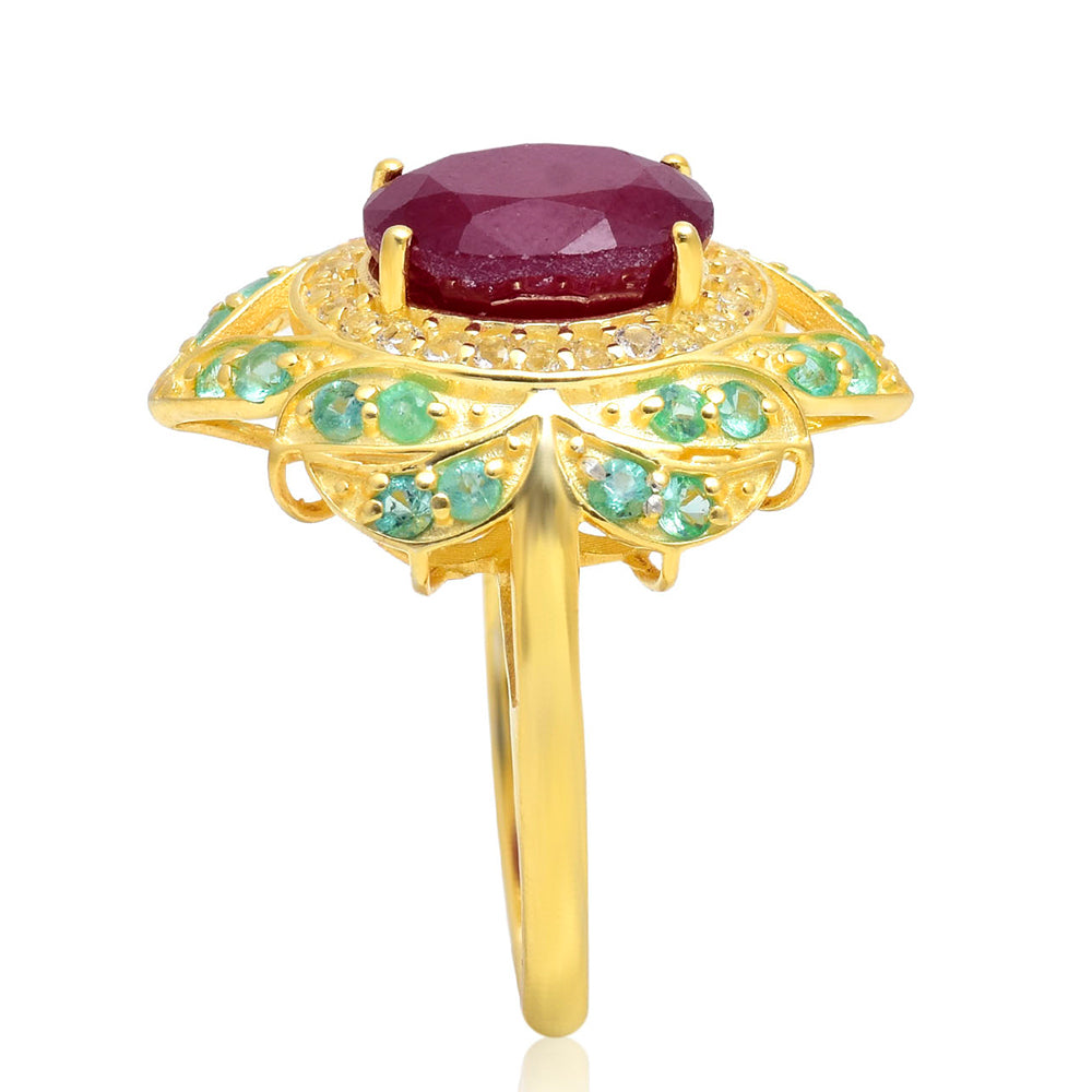 Pozlacené Stříbro 925/1000 - Prsten s Madagaskarským Rubínem a Brazilským Smaragdem - Karátové číslo: 4.44. přibližná hmotnost: 6.5 gramů 2 