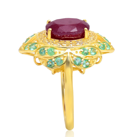 Pozlacené Stříbro 925/1000 - Prsten s Madagaskarským Rubínem a Brazilským Smaragdem - Karátové číslo: 4.44. přibližná hmotnost: 6.5 gramů