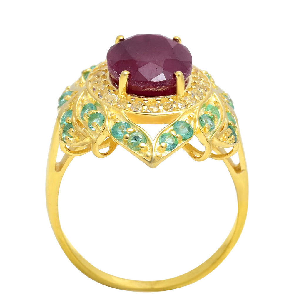 Pozlacené Stříbro 925/1000 - Prsten s Madagaskarským Rubínem a Brazilským Smaragdem - Karátové číslo: 4.44. přibližná hmotnost: 6.5 gramů 3 