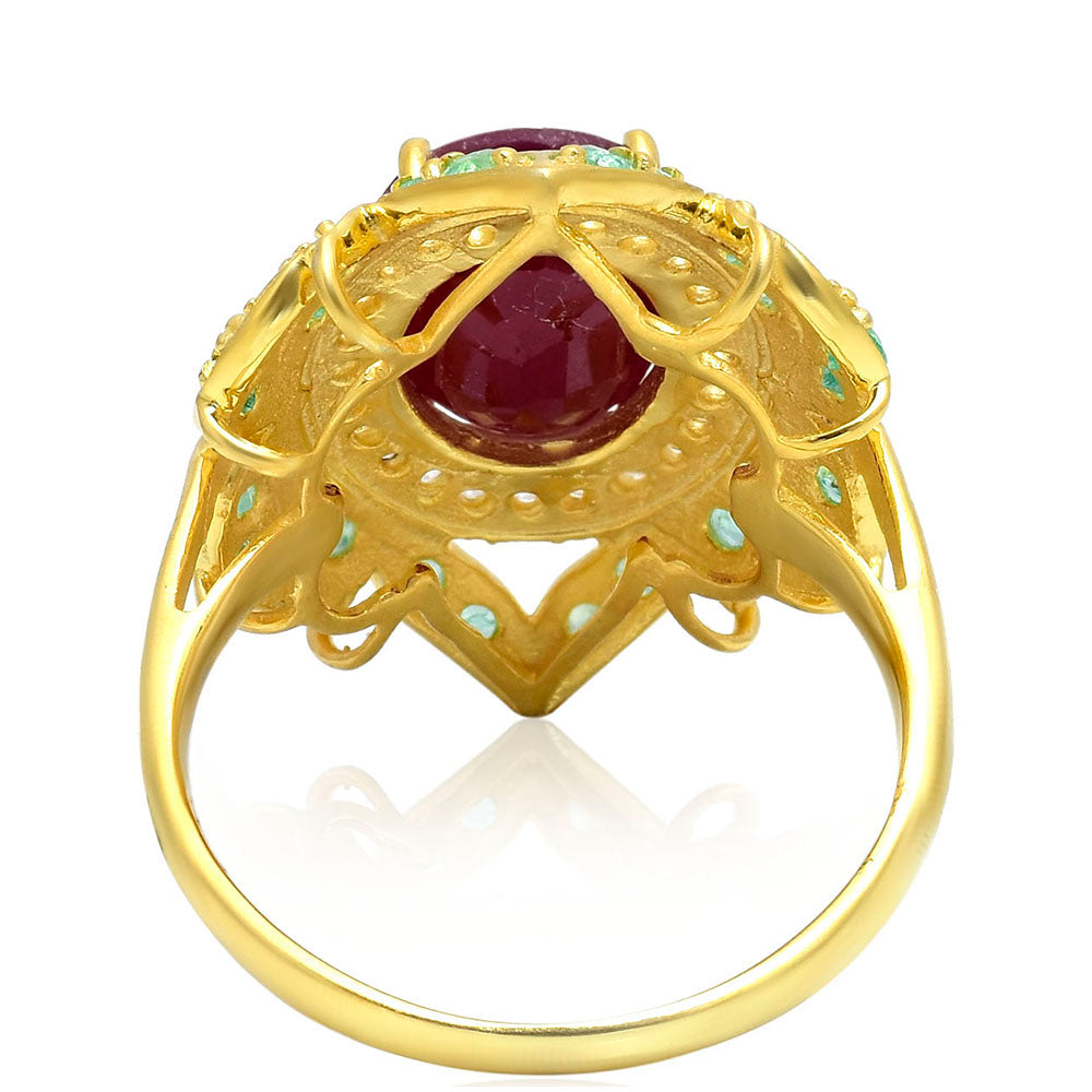 Pozlacené Stříbro 925/1000 - Prsten s Madagaskarským Rubínem a Brazilským Smaragdem - Karátové číslo: 4.44. přibližná hmotnost: 6.5 gramů 4 