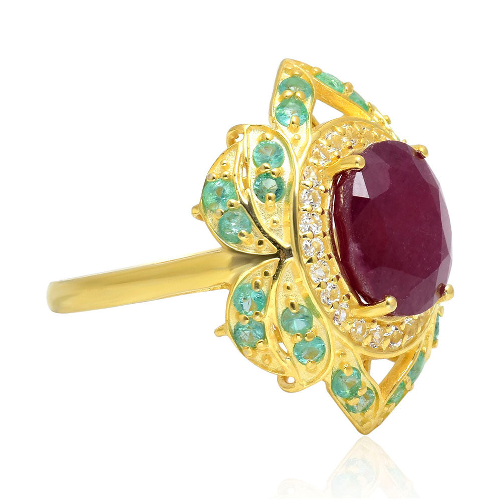 Pozlacené Stříbro 925/1000 - Prsten s Madagaskarským Rubínem a Brazilským Smaragdem - Karátové číslo: 4.44. přibližná hmotnost: 6.5 gramů 5 