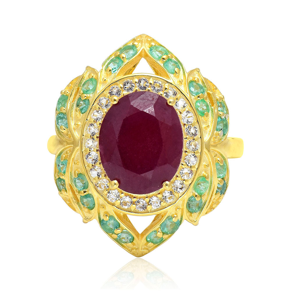 Pozlacené Stříbro 925/1000 - Prsten s Madagaskarským Rubínem a Brazilským Smaragdem - Karátové číslo: 4.44. přibližná hmotnost: 6.5 gramů 1 