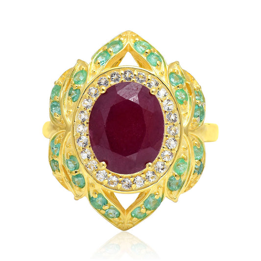 Pozlacené Stříbro 925/1000 - Prsten s Madagaskarským Rubínem a Brazilským Smaragdem - Karátové číslo: 4.44. přibližná hmotnost: 6.5 gramů