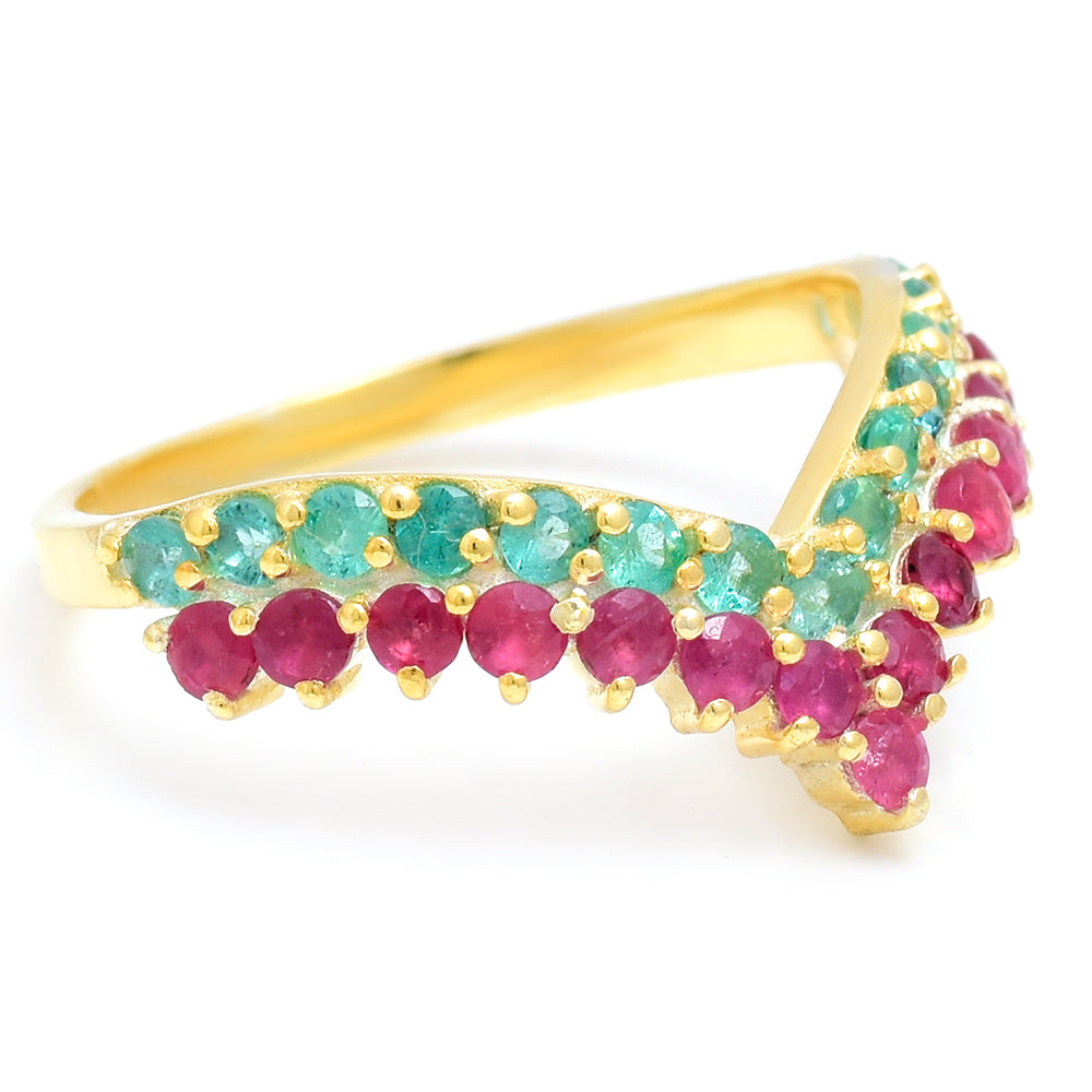 Pozlacené Stříbro 925/1000 - Prsten s Madagaskarským Rubínem a Brazilským Smaragdem - Karátové číslo: 0.9. přibližná hmotnost: 2.54 gramů 2 