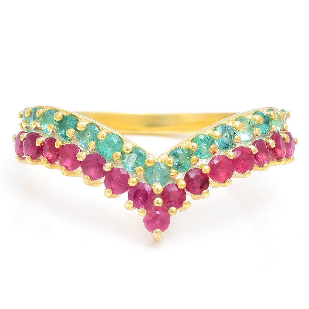 Pozlacené Stříbro 925/1000 - Prsten s Madagaskarským Rubínem a Brazilským Smaragdem - Karátové číslo: 0.9. přibližná hmotnost: 2.54 gramů 3 