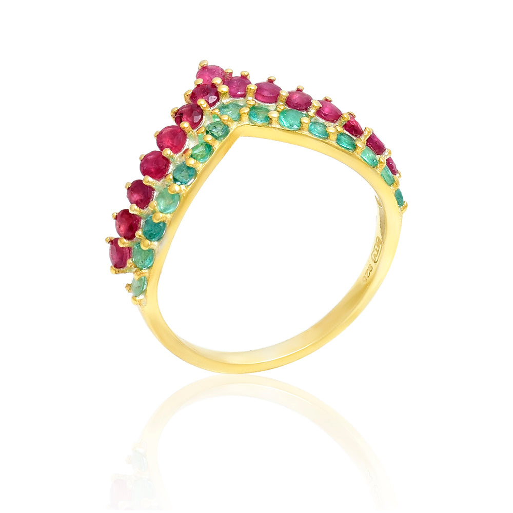 Pozlacené Stříbro 925/1000 - Prsten s Madagaskarským Rubínem a Brazilským Smaragdem - Karátové číslo: 0.9. přibližná hmotnost: 2.54 gramů 4 