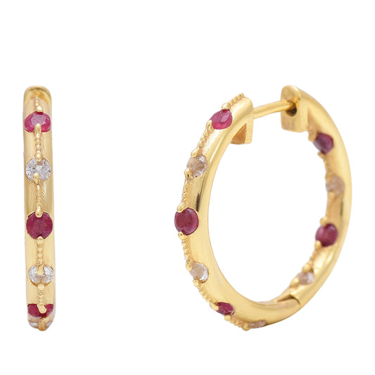 Pozlacené Stříbrné Náušnice s Madagaskarským Rubínem a Bílým Topazem