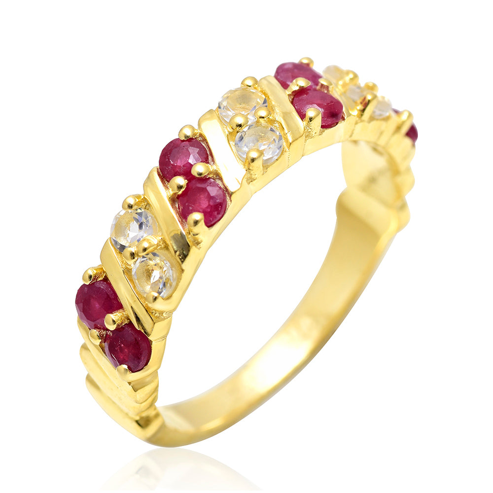 Pozlacené Stříbro 925/1000 - Prsten s Madagaskarským Rubínem a Bílým Topazem - Karátové číslo: 0.32. přibližná hmotnost: 3.91 gramů 2 