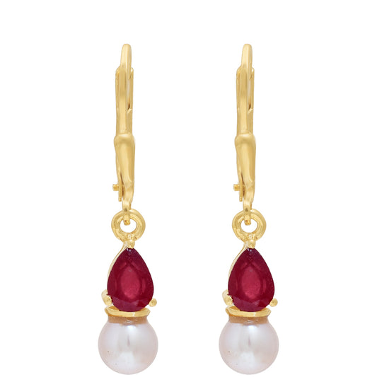 Pozlacené Stříbrné Náušnice s Madagaskarským Rubínem a Bílou Sladkovodní Perlou