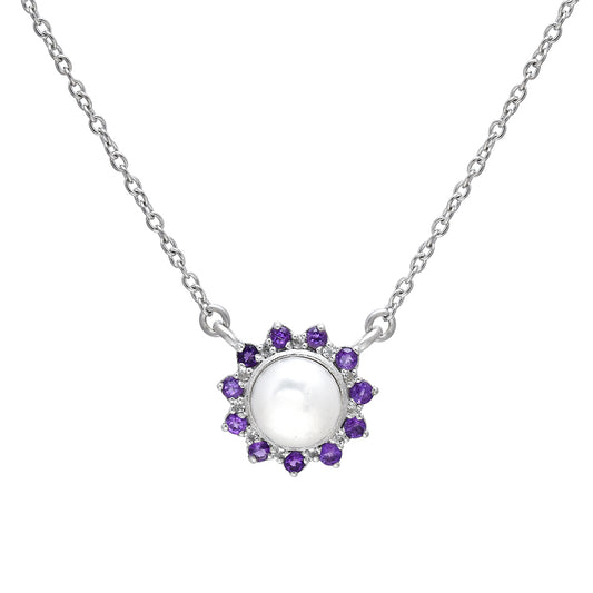 Stříbrný Náhrdelník s Marockým Ametystem a Bílou Sladkovodní Perlou