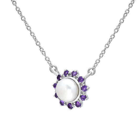 Stříbrný Náhrdelník s Marockým Ametystem a Bílou Sladkovodní Perlou