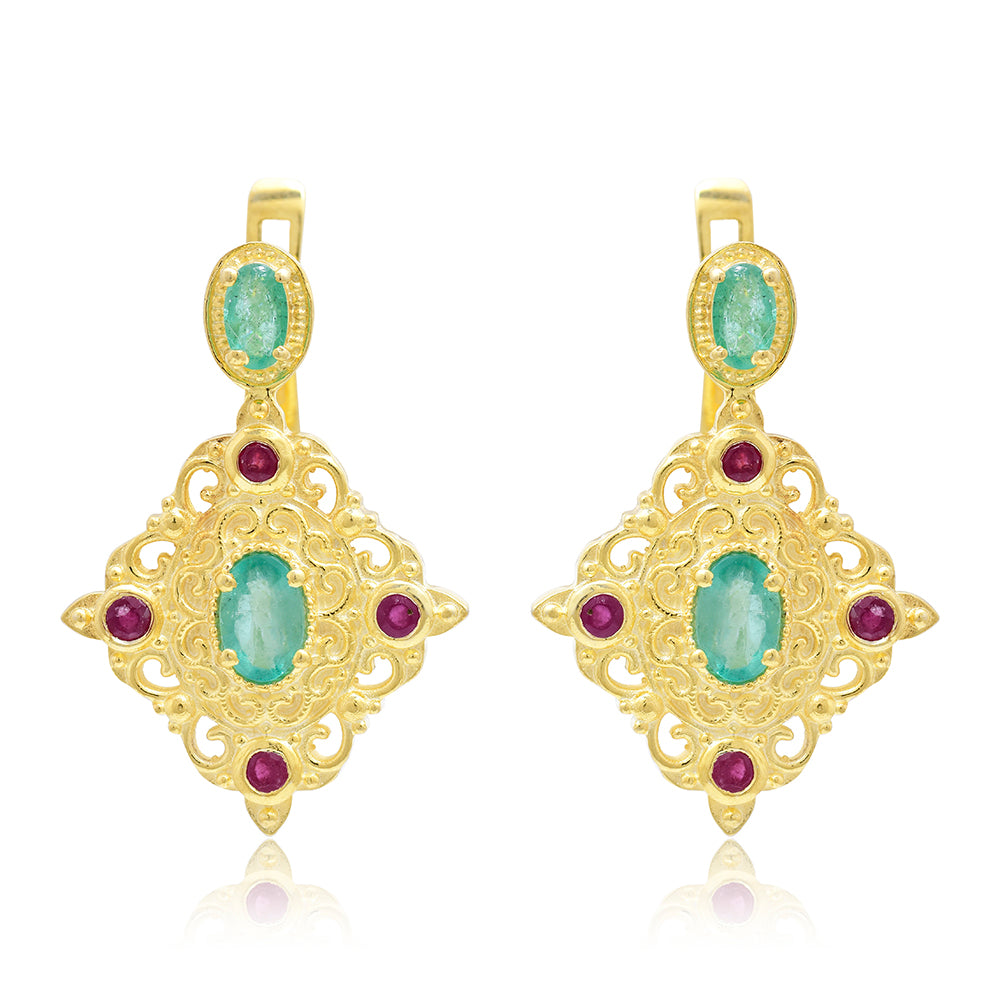 Pozlacené Stříbro 925/1000 - Náušnice s Madagaskarským Rubínem a Brazilským Smaragdem - Karátové číslo: 1.96. přibližná hmotnost: 7.27 gramů