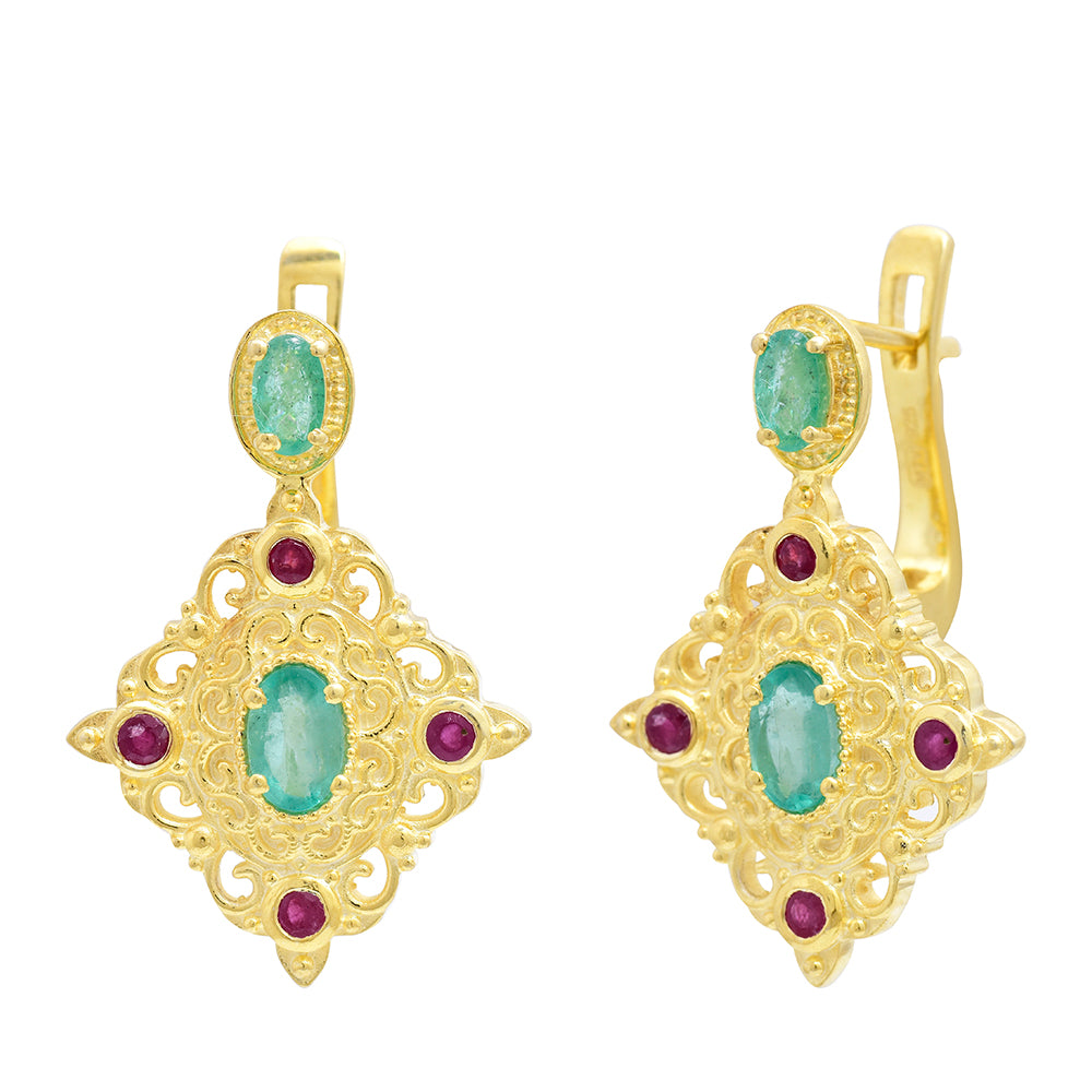 Pozlacené Stříbro 925/1000 - Náušnice s Madagaskarským Rubínem a Brazilským Smaragdem - Karátové číslo: 1.96. přibližná hmotnost: 7.27 gramů 8 