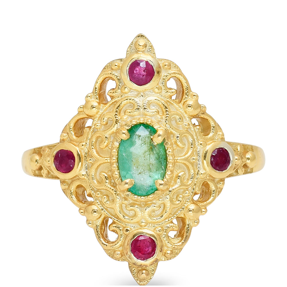 Pozlacené Stříbro 925/1000 - Prsten s Madagaskarským Rubínem a Brazilským Smaragdem - Karátové číslo: 0.98. přibližná hmotnost: 4.02 gramů 2 