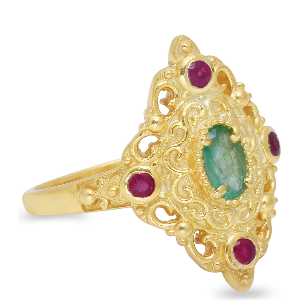 Pozlacené Stříbro 925/1000 - Prsten s Madagaskarským Rubínem a Brazilským Smaragdem - Karátové číslo: 0.98. přibližná hmotnost: 4.02 gramů