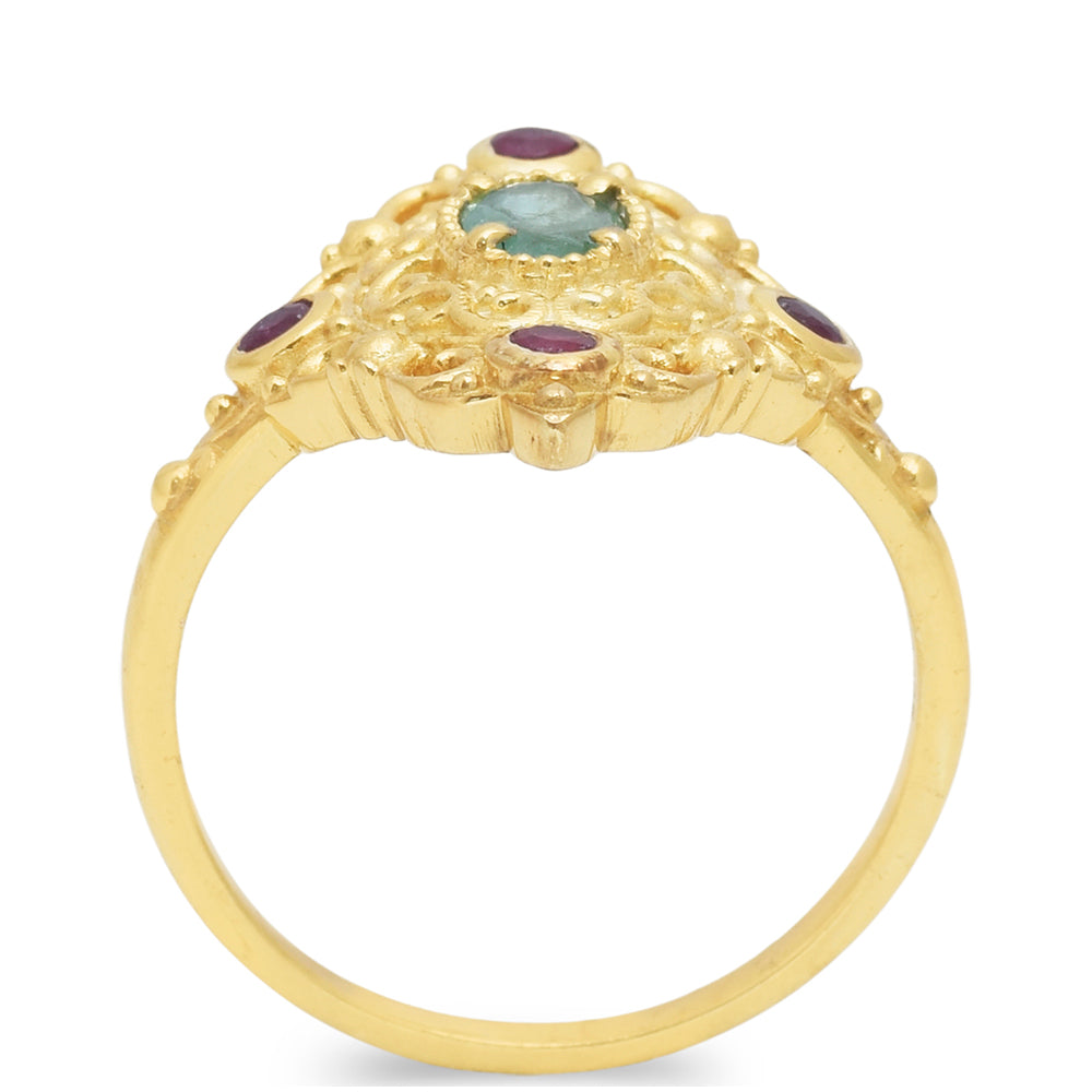 Pozlacené Stříbro 925/1000 - Prsten s Madagaskarským Rubínem a Brazilským Smaragdem - Karátové číslo: 0.98. přibližná hmotnost: 4.02 gramů 4 