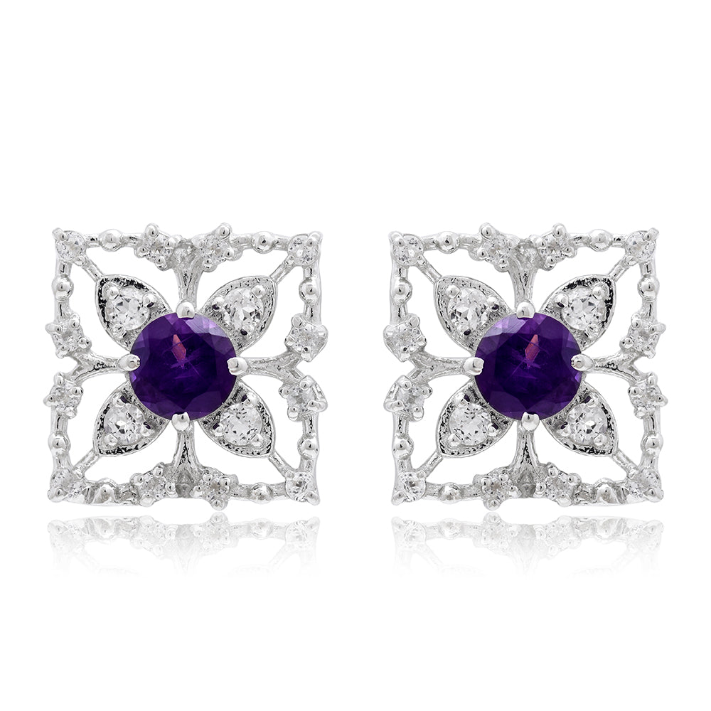 Stříbro 925/1000 - Náušnice s Marockým Ametystem a Bílým Topazem - Karátové číslo: 0.63. přibližná hmotnost: 4.13 gramů
