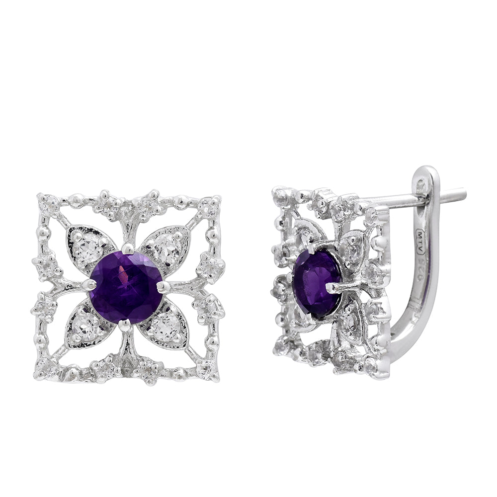 Stříbro 925/1000 - Náušnice s Marockým Ametystem a Bílým Topazem - Karátové číslo: 0.63. přibližná hmotnost: 4.13 gramů 6 
