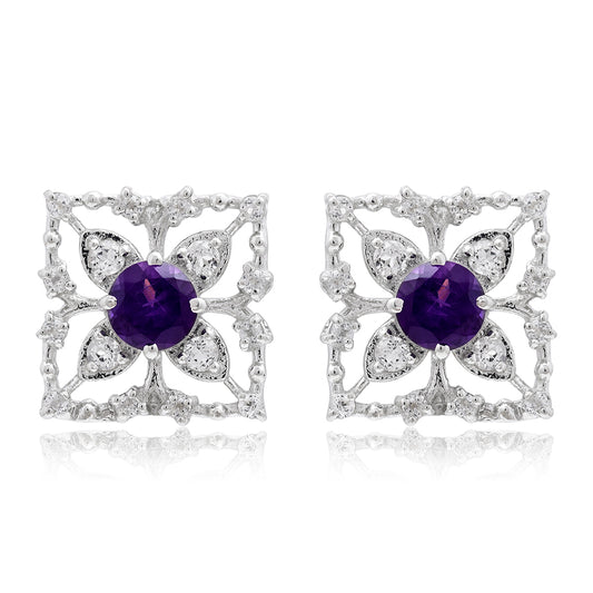 Stříbro 925/1000 - Náušnice s Marockým Ametystem a Bílým Topazem - Karátové číslo: 0.63. přibližná hmotnost: 4.13 gramů