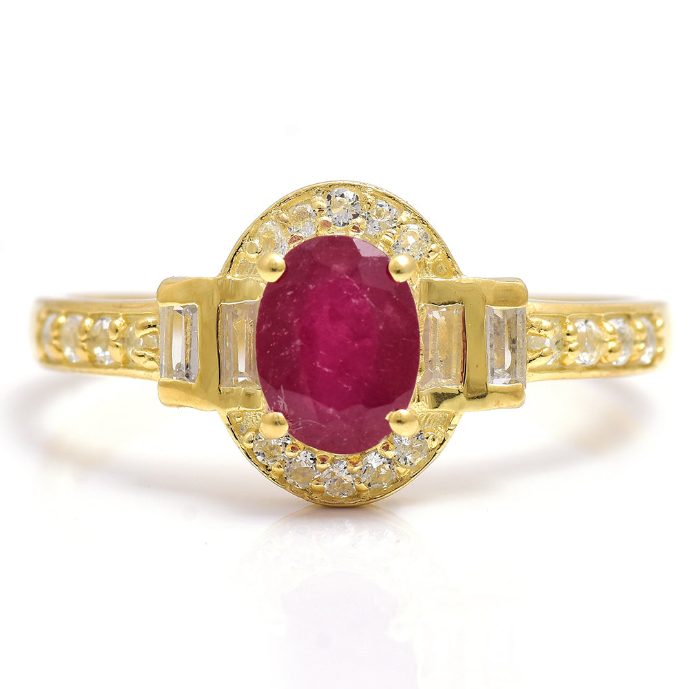 Pozlacené Stříbro 925/1000 - Prsten s Madagaskarským Rubínem a Bílým Topazem - Karátové číslo: 1.01. přibližná hmotnost: 2.4 gramů 1 