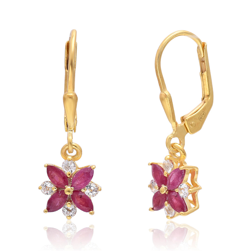 Pozlacené Stříbro 925/1000 - Náušnice s Madagaskarským Rubínem a Bílým Topazem - Karátové číslo: 2.14. přibližná hmotnost: 2.05 gramů 3 