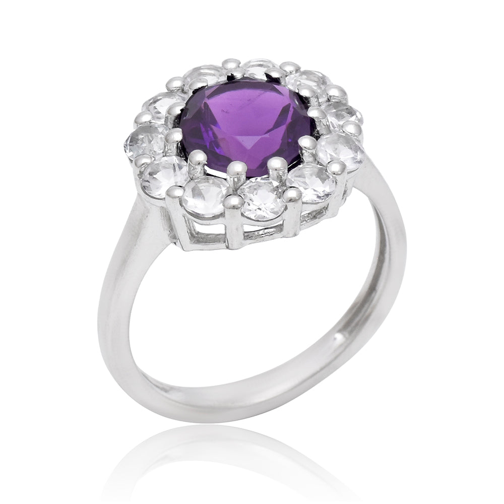 Stříbro 925/1000 - Prsten s Marockým Ametystem a Bílým Topazem - Karátové číslo: 3.1. přibližná hmotnost: 3.46 gramů