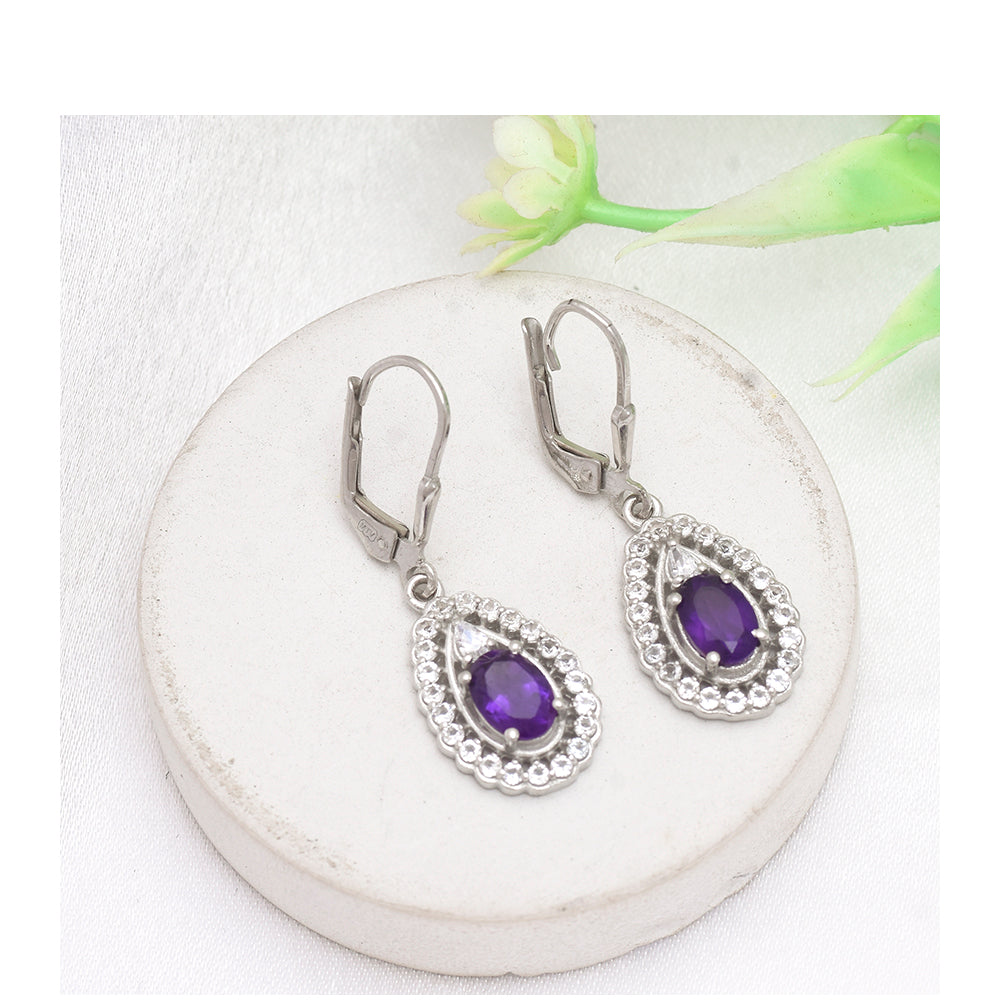 Stříbro 925/1000 - Náušnice s Marockým Ametystem a Bílým Topazem - Karátové číslo: 1.85. přibližná hmotnost: 3.42 gramů